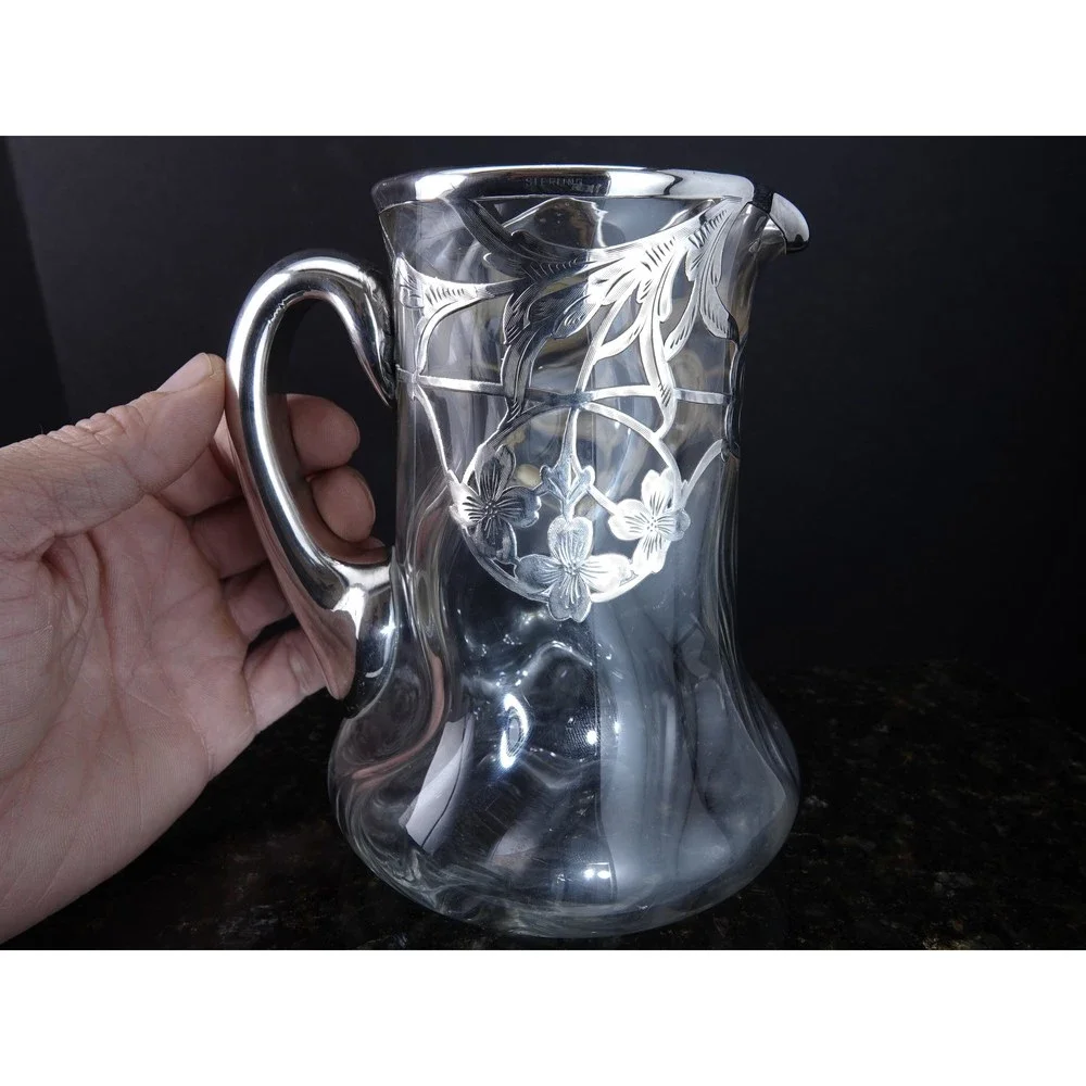 c1900 Art Nouveau Sterling Silver Overlay Art glass Juice Pitcher